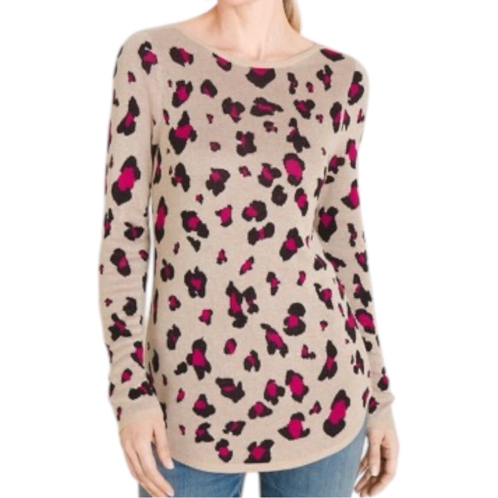 Chico's Textured Tan Pink Leopard Print Bateau-Neck Sweater, Size: 2
